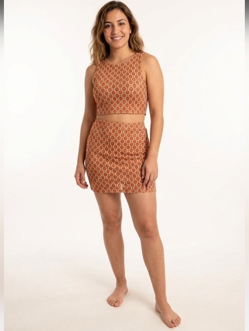 Women's Copper/Beige Geometric Print Cami Crop Top & Mini Skirt Set